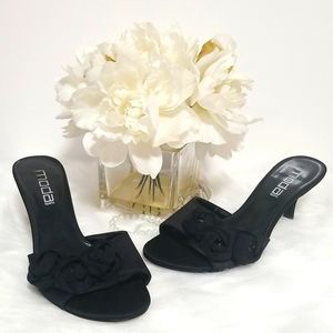 MODA Spana Heel Slides Sandals Black Fabric Flower Jeweled Detail
